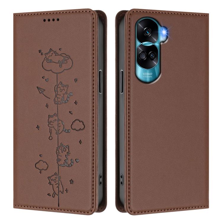 For Honor 90 Lite / X50i 5G Cute Cats Embossed Magnetic RFID Vegan Leather Phone Case