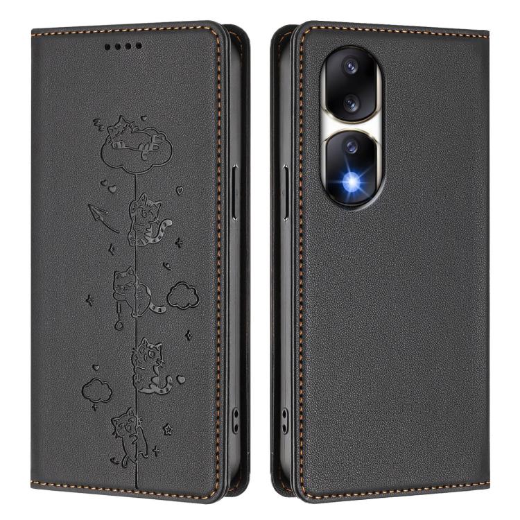 For Honor 90 Pro 5G Cute Cats Embossed Magnetic RFID Vegan Leather Phone Case