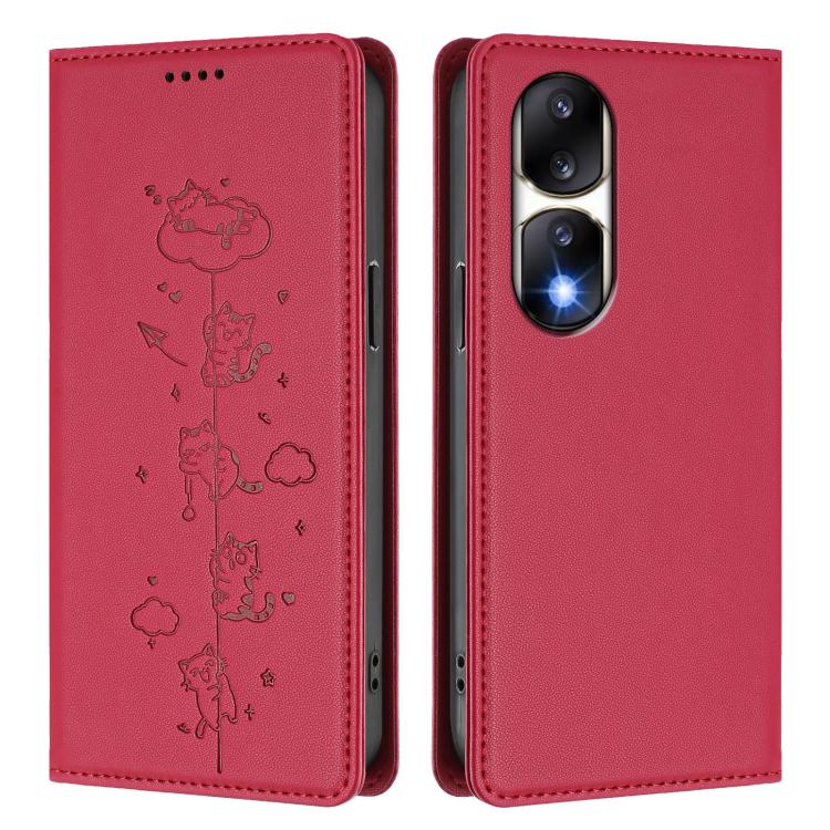 For Honor 90 Pro 5G Cute Cats Embossed Magnetic RFID Vegan Leather Phone Case