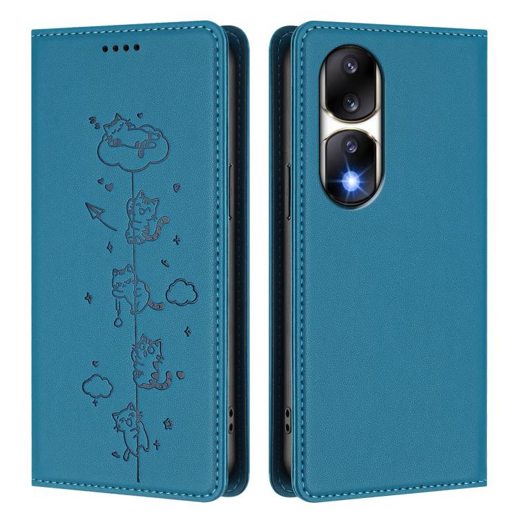 For Honor 90 Pro 5G Cute Cats Embossed Magnetic RFID Vegan Leather Phone Case