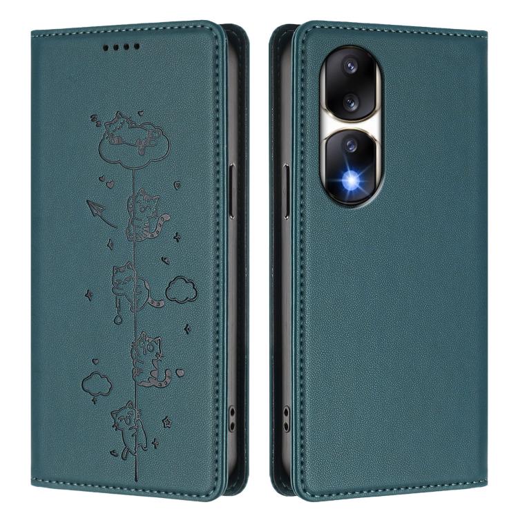 For Honor 90 Pro 5G Cute Cats Embossed Magnetic RFID Vegan Leather Phone Case