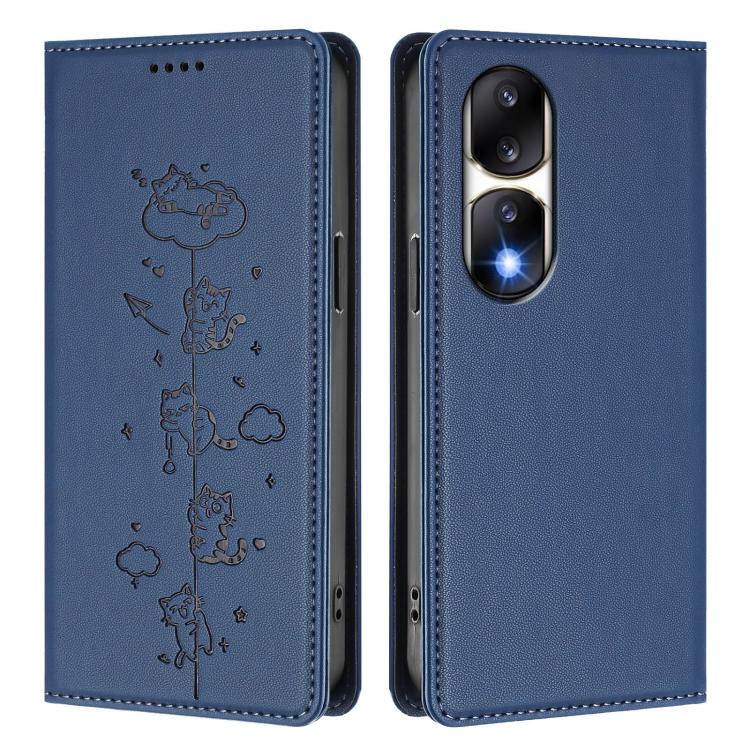 For Honor 90 Pro 5G Cute Cats Embossed Magnetic RFID Vegan Leather Phone Case