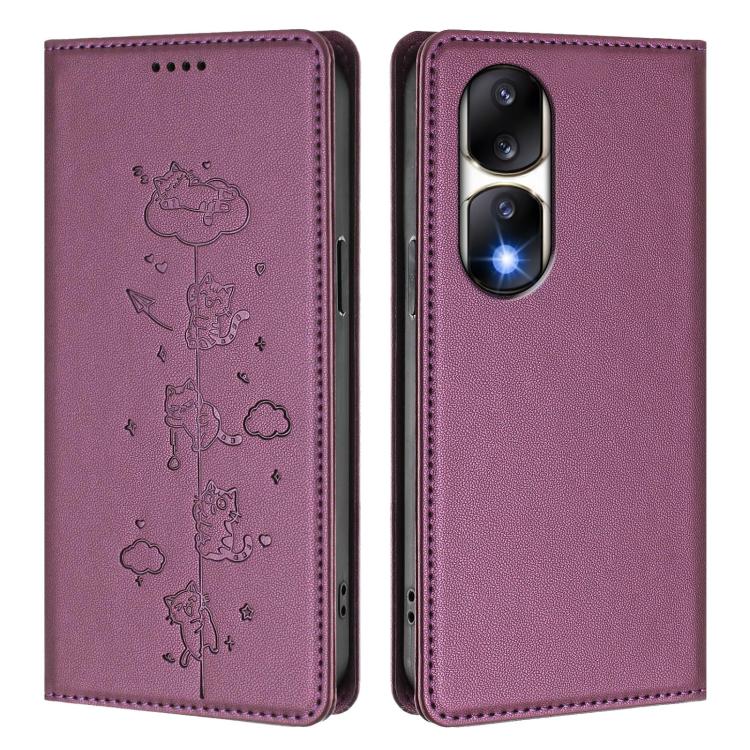 For Honor 90 Pro 5G Cute Cats Embossed Magnetic RFID Vegan Leather Phone Case