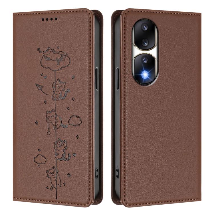For Honor 90 Pro 5G Cute Cats Embossed Magnetic RFID Vegan Leather Phone Case