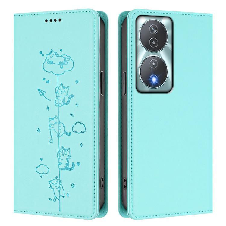 For Honor 90 Smart 5G / X7b 5G / 4G Cute Cats Embossed Magnetic RFID Vegan Leather Phone Case
