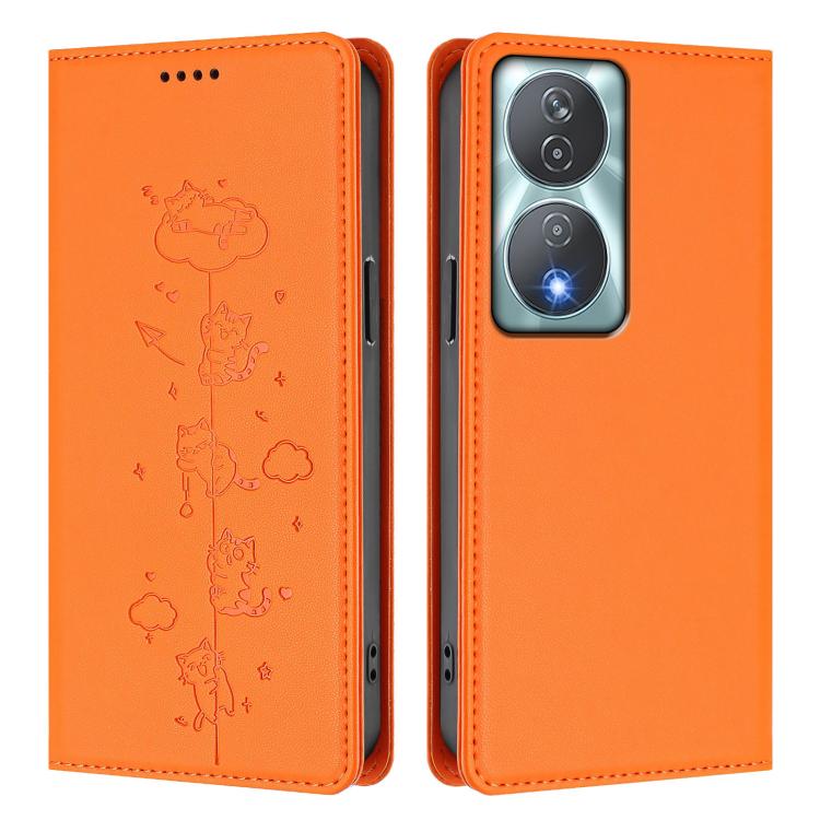For Honor 90 Smart 5G / X7b 5G / 4G Cute Cats Embossed Magnetic RFID Vegan Leather Phone Case