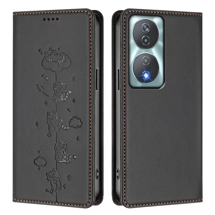 For Honor 90 Smart 5G / X7b 5G / 4G Cute Cats Embossed Magnetic RFID Vegan Leather Phone Case