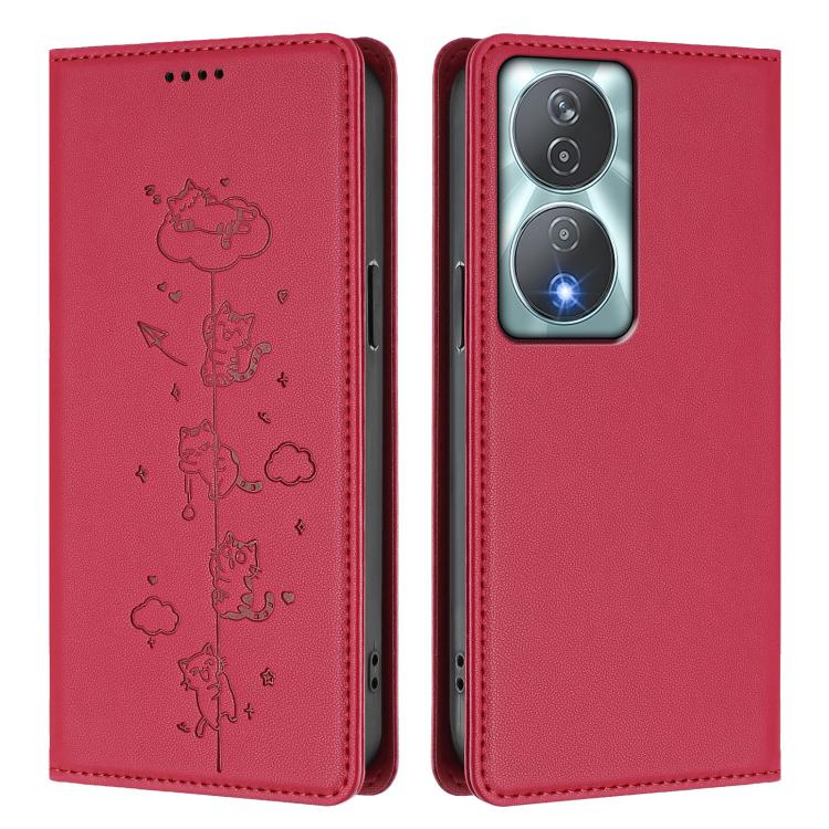 For Honor 90 Smart 5G / X7b 5G / 4G Cute Cats Embossed Magnetic RFID Vegan Leather Phone Case