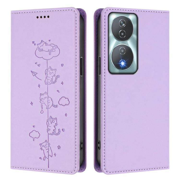 For Honor 90 Smart 5G / X7b 5G / 4G Cute Cats Embossed Magnetic RFID Vegan Leather Phone Case