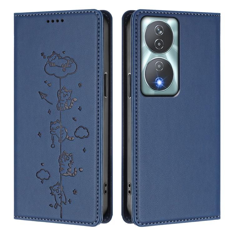 For Honor 90 Smart 5G / X7b 5G / 4G Cute Cats Embossed Magnetic RFID Vegan Leather Phone Case