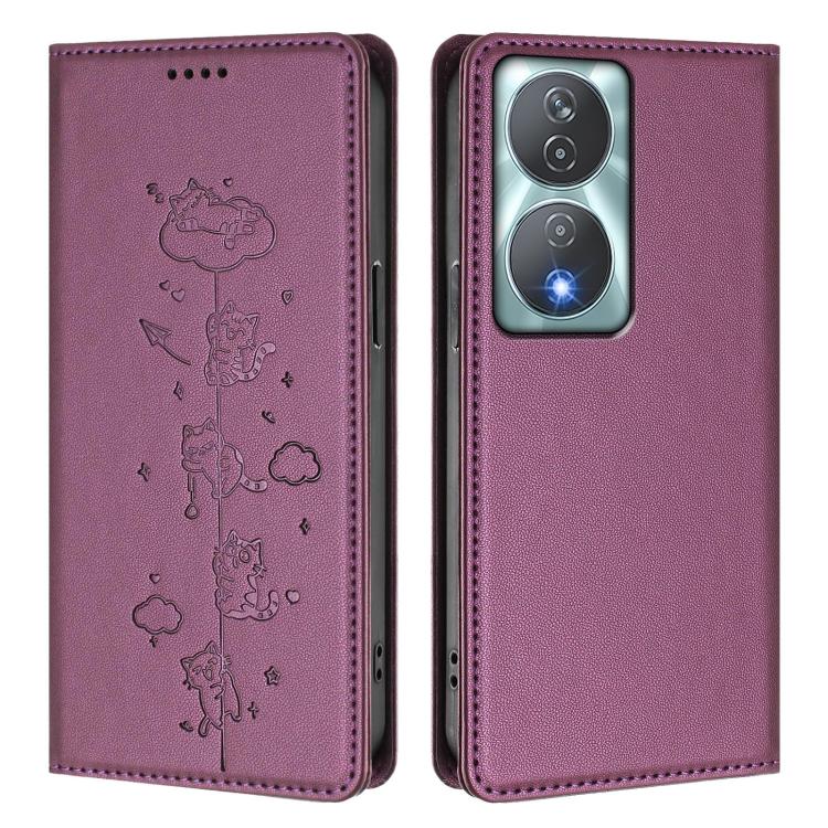 For Honor 90 Smart 5G / X7b 5G / 4G Cute Cats Embossed Magnetic RFID Vegan Leather Phone Case