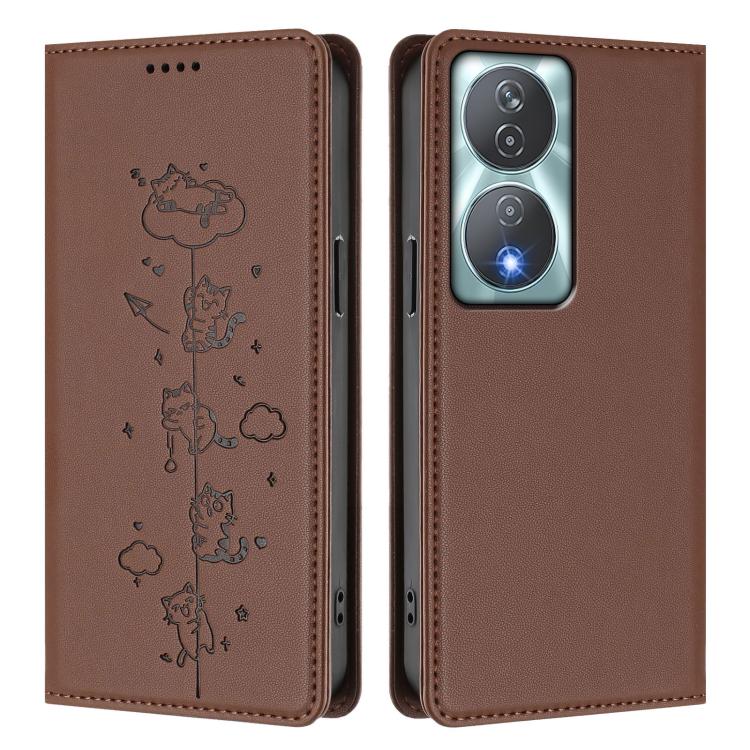For Honor 90 Smart 5G / X7b 5G / 4G Cute Cats Embossed Magnetic RFID Vegan Leather Phone Case