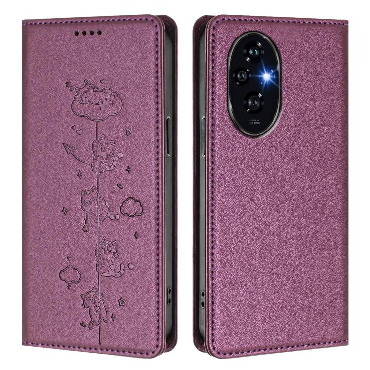 For Honor 200 Cute Cats Embossed Magnetic RFID Vegan Leather Phone Case