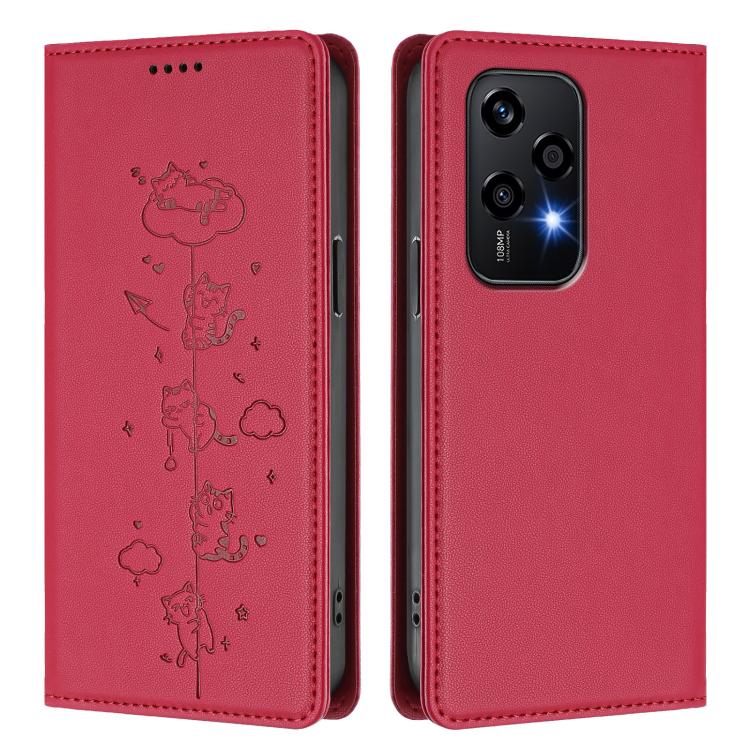 For Honor 200 Lite Global Cute Cats Embossed Magnetic RFID Vegan Leather Phone Case