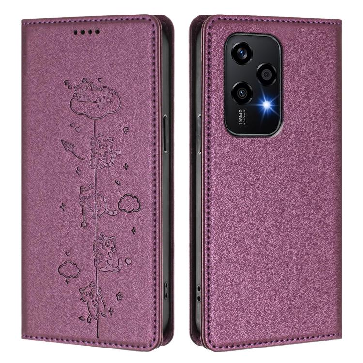 For Honor 200 Lite Global Cute Cats Embossed Magnetic RFID Vegan Leather Phone Case