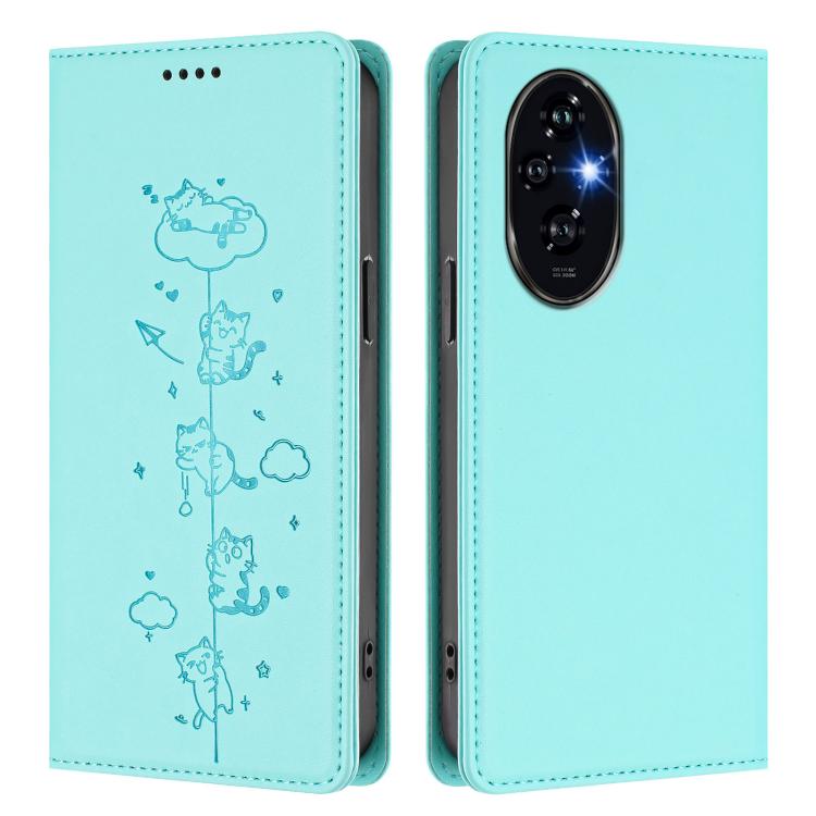 For Honor 200 Pro Cute Cats Embossed Magnetic RFID Vegan Leather Phone Case