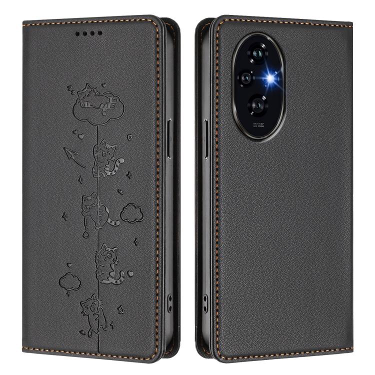 For Honor 200 Pro Cute Cats Embossed Magnetic RFID Vegan Leather Phone Case