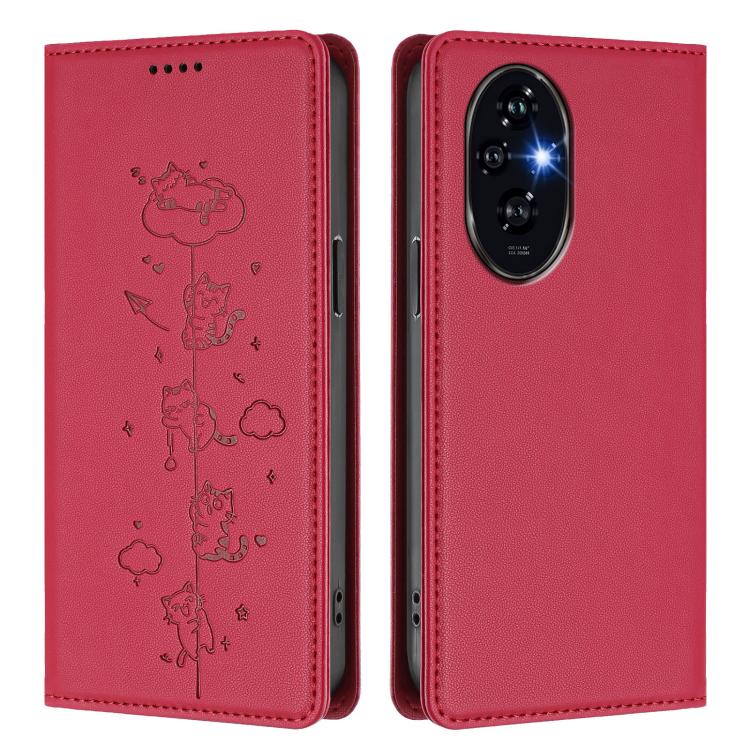 For Honor 200 Pro Cute Cats Embossed Magnetic RFID Vegan Leather Phone Case