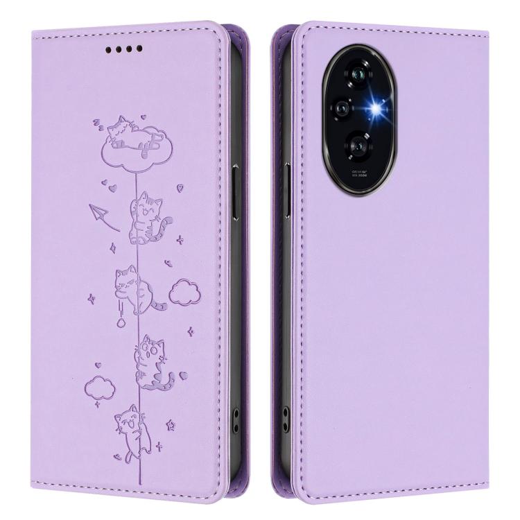 For Honor 200 Pro Cute Cats Embossed Magnetic RFID Vegan Leather Phone Case