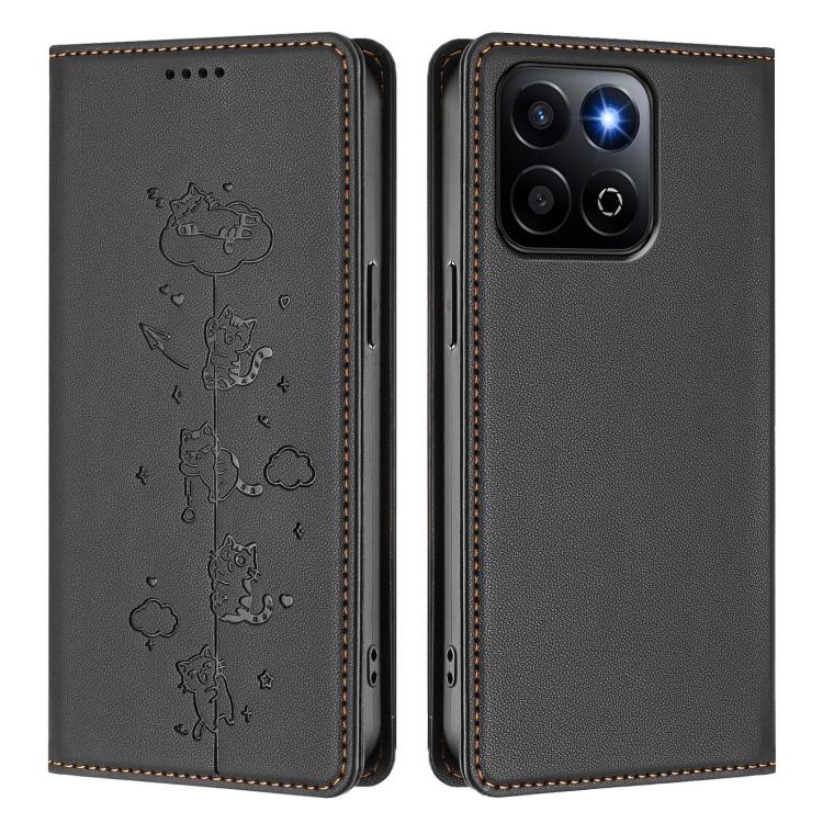 For Honor 200 Smart Cute Cats Embossed Magnetic RFID Vegan Leather Phone Case