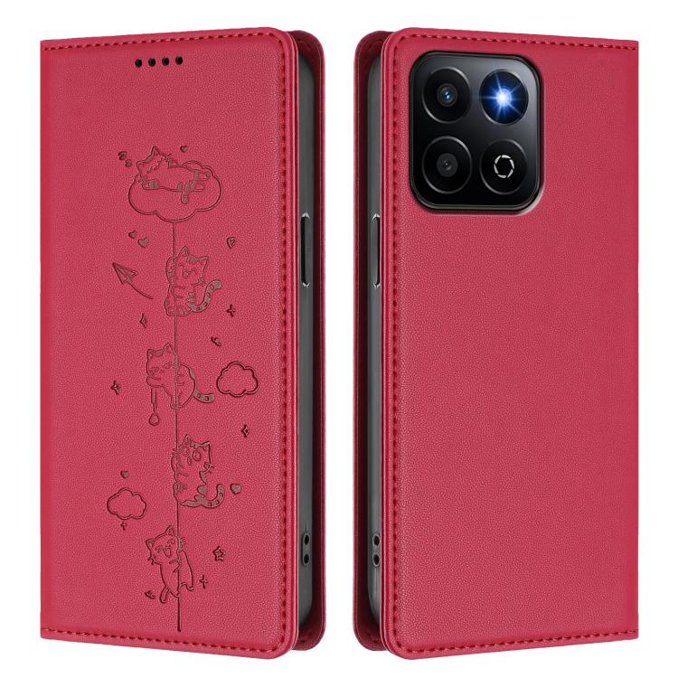 For Honor 200 Smart Cute Cats Embossed Magnetic RFID Vegan Leather Phone Case