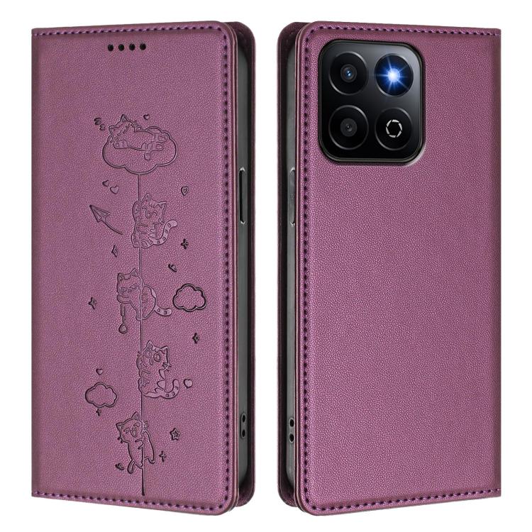For Honor 200 Smart Cute Cats Embossed Magnetic RFID Vegan Leather Phone Case