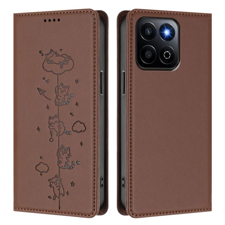For Honor 200 Smart Cute Cats Embossed Magnetic RFID Vegan Leather Phone Case