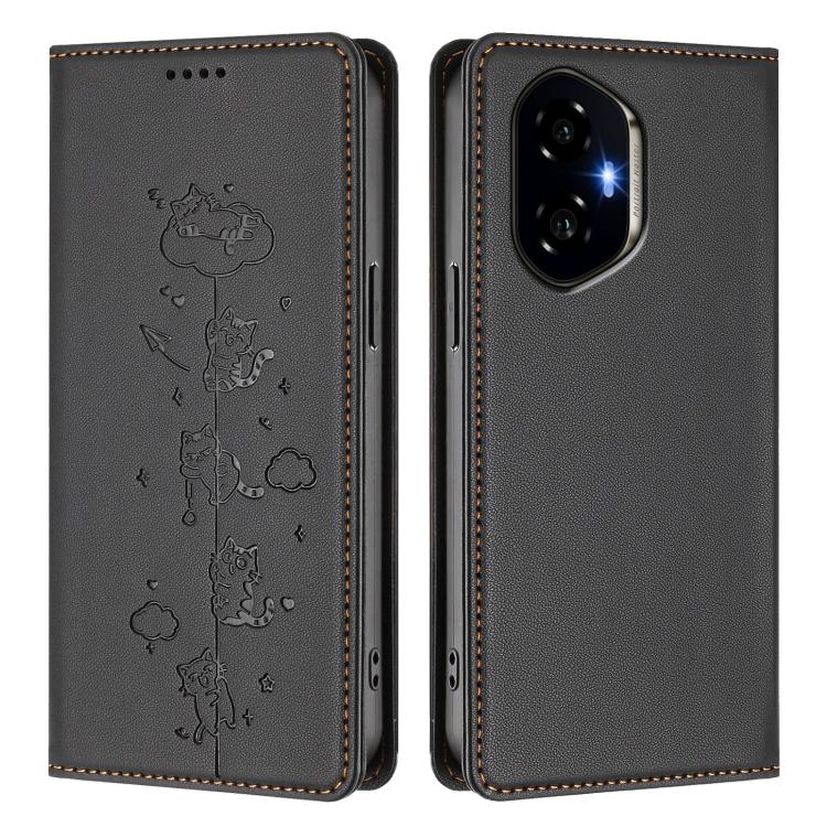 For Honor 300 Cute Cats Embossed Magnetic RFID Vegan Leather Phone Case