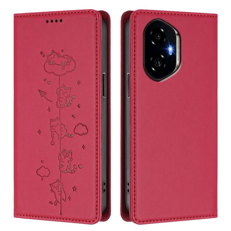 For Honor 300 Cute Cats Embossed Magnetic RFID Vegan Leather Phone Case