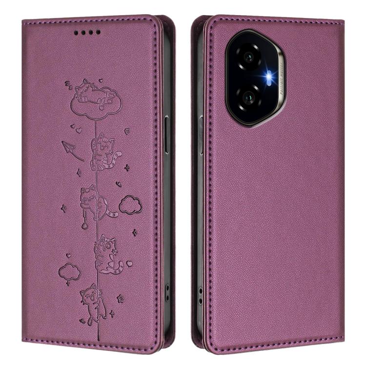 For Honor 300 Cute Cats Embossed Magnetic RFID Vegan Leather Phone Case
