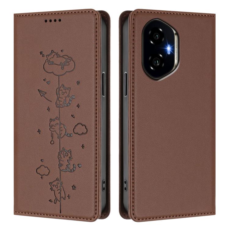 For Honor 300 Cute Cats Embossed Magnetic RFID Vegan Leather Phone Case