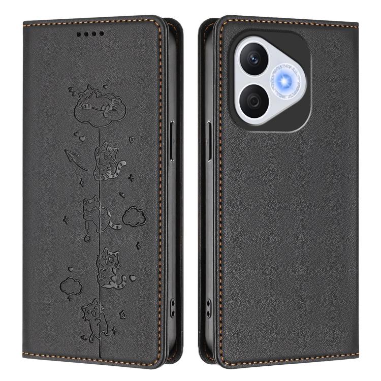 For Honor 400 Lite Global Cute Cats Embossed Magnetic RFID Vegan Leather Phone Case