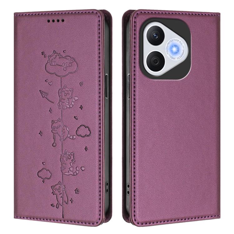 For Honor 400 Lite Global Cute Cats Embossed Magnetic RFID Vegan Leather Phone Case