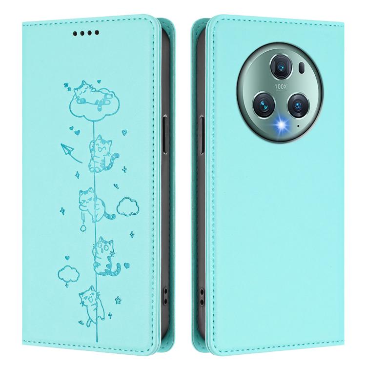 For Honor Magic5 Pro Cute Cats Embossed Magnetic RFID Vegan Leather Phone Case