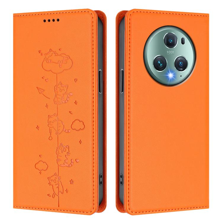 For Honor Magic5 Pro Cute Cats Embossed Magnetic RFID Vegan Leather Phone Case