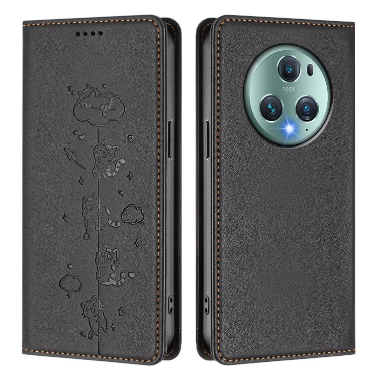 For Honor Magic5 Pro Cute Cats Embossed Magnetic RFID Vegan Leather Phone Case
