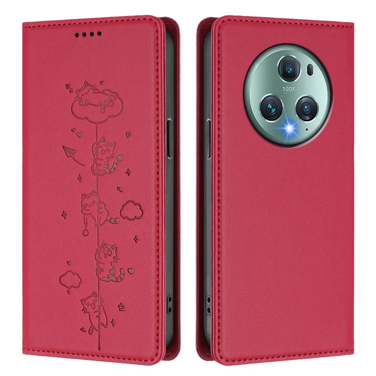 For Honor Magic5 Pro Cute Cats Embossed Magnetic RFID Vegan Leather Phone Case