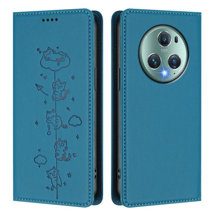 For Honor Magic5 Pro Cute Cats Embossed Magnetic RFID Vegan Leather Phone Case