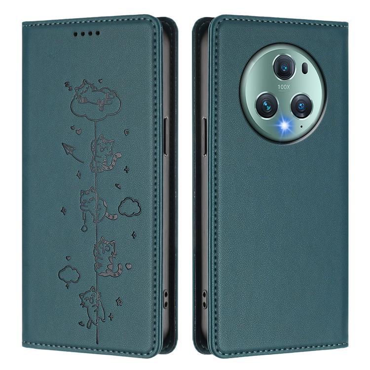 For Honor Magic5 Pro Cute Cats Embossed Magnetic RFID Vegan Leather Phone Case