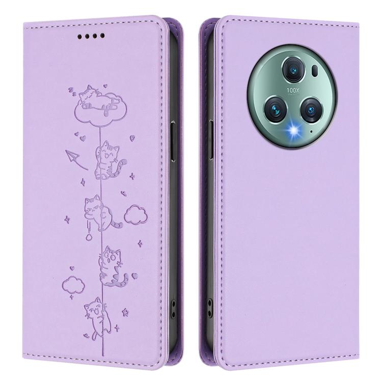 For Honor Magic5 Pro Cute Cats Embossed Magnetic RFID Vegan Leather Phone Case