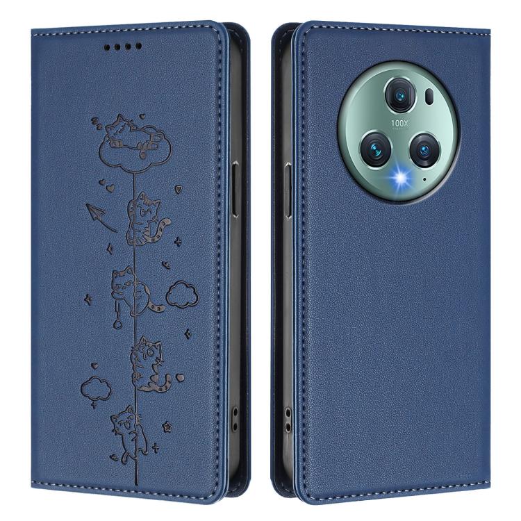 For Honor Magic5 Pro Cute Cats Embossed Magnetic RFID Vegan Leather Phone Case