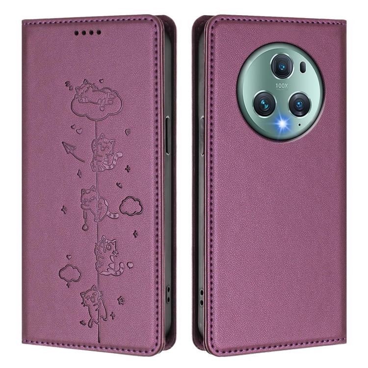 For Honor Magic5 Pro Cute Cats Embossed Magnetic RFID Vegan Leather Phone Case