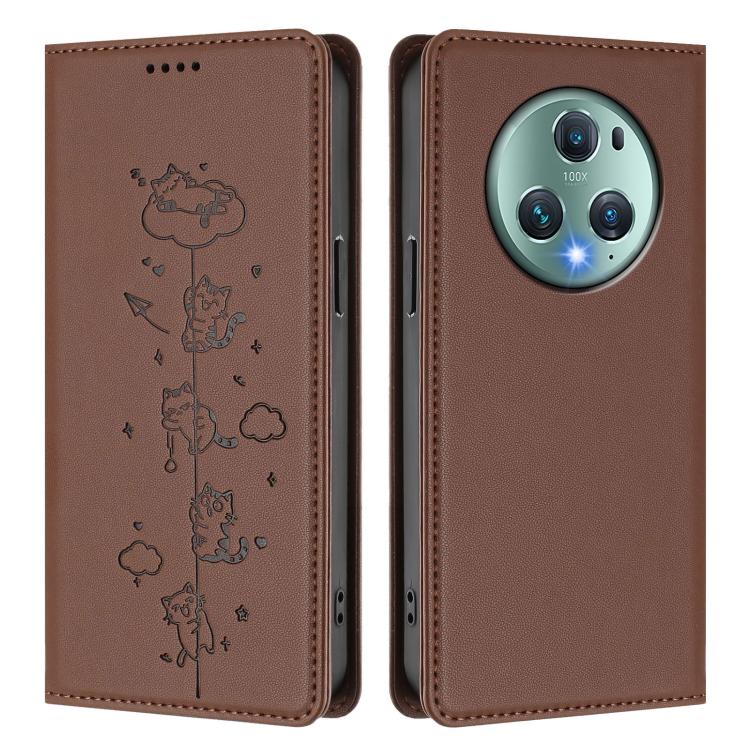 For Honor Magic5 Pro Cute Cats Embossed Magnetic RFID Vegan Leather Phone Case