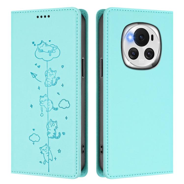 For Honor Magic6 5G Cute Cats Embossed Magnetic RFID Vegan Leather Phone Case
