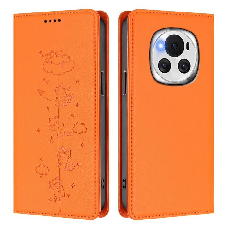 For Honor Magic6 5G Cute Cats Embossed Magnetic RFID Vegan Leather Phone Case