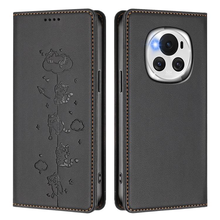For Honor Magic6 5G Cute Cats Embossed Magnetic RFID Vegan Leather Phone Case