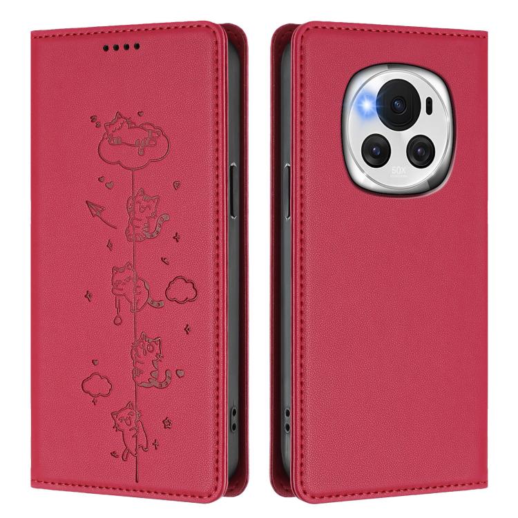 For Honor Magic6 5G Cute Cats Embossed Magnetic RFID Vegan Leather Phone Case