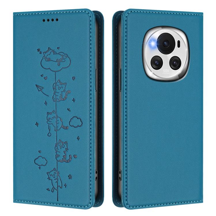 For Honor Magic6 5G Cute Cats Embossed Magnetic RFID Vegan Leather Phone Case