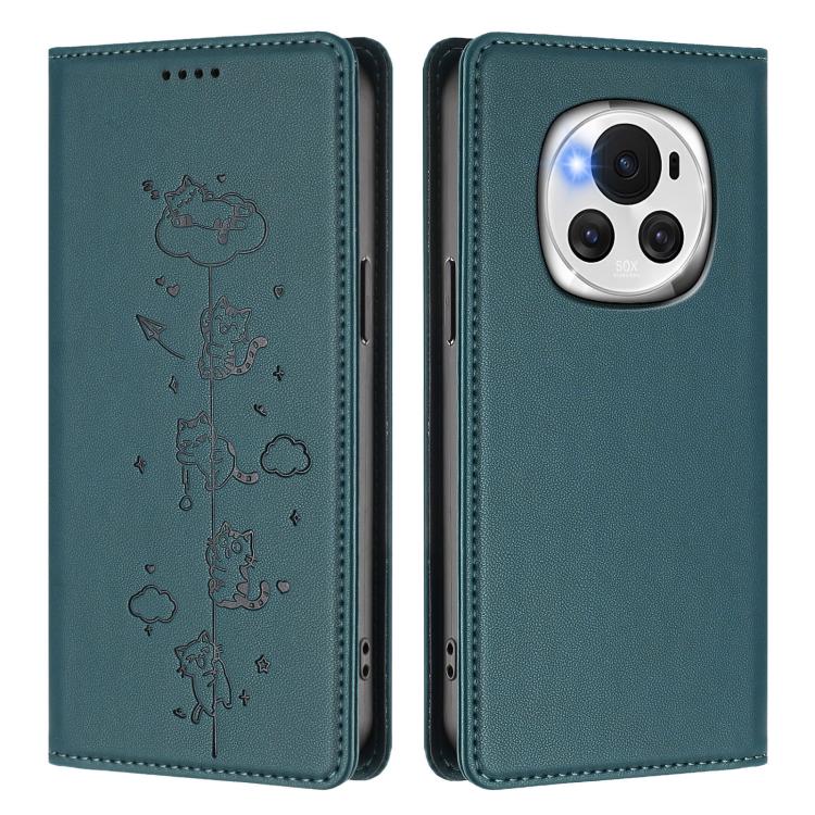 For Honor Magic6 5G Cute Cats Embossed Magnetic RFID Vegan Leather Phone Case