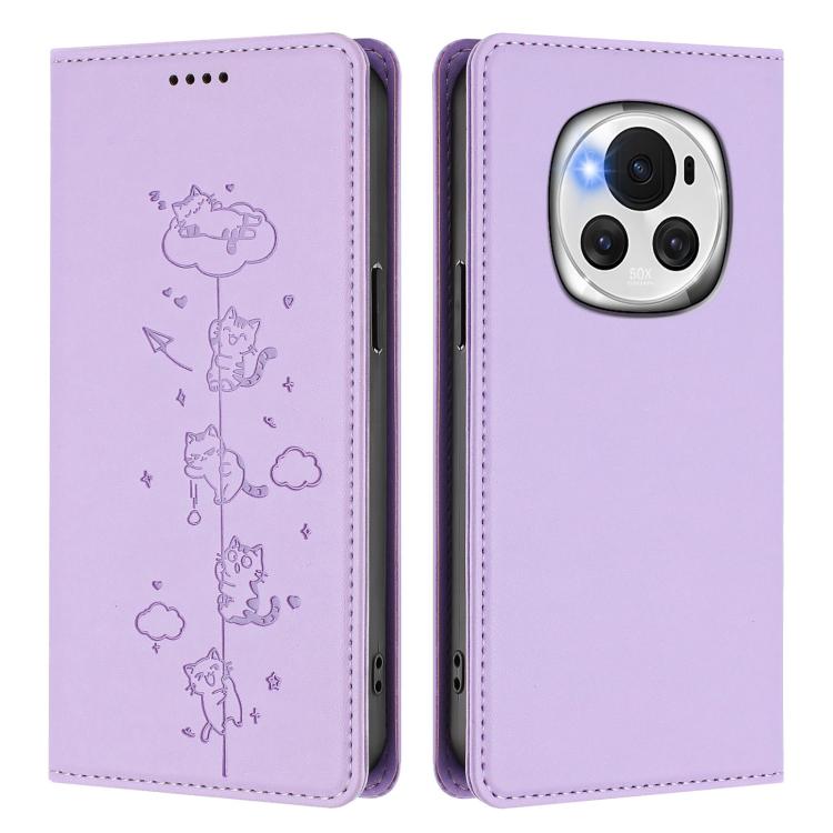 For Honor Magic6 5G Cute Cats Embossed Magnetic RFID Vegan Leather Phone Case